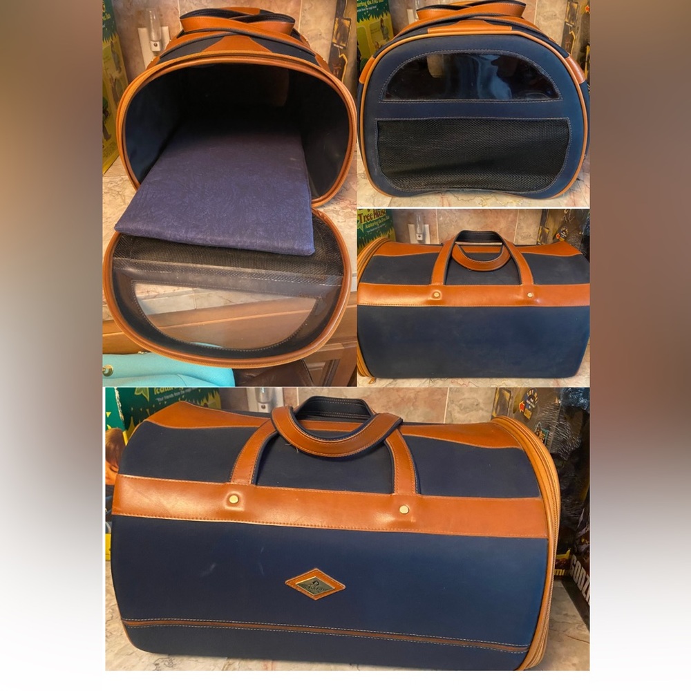 Vintage Carlaid Paris Handcrafted Navy Canvas & Leather Small Pet Carrier